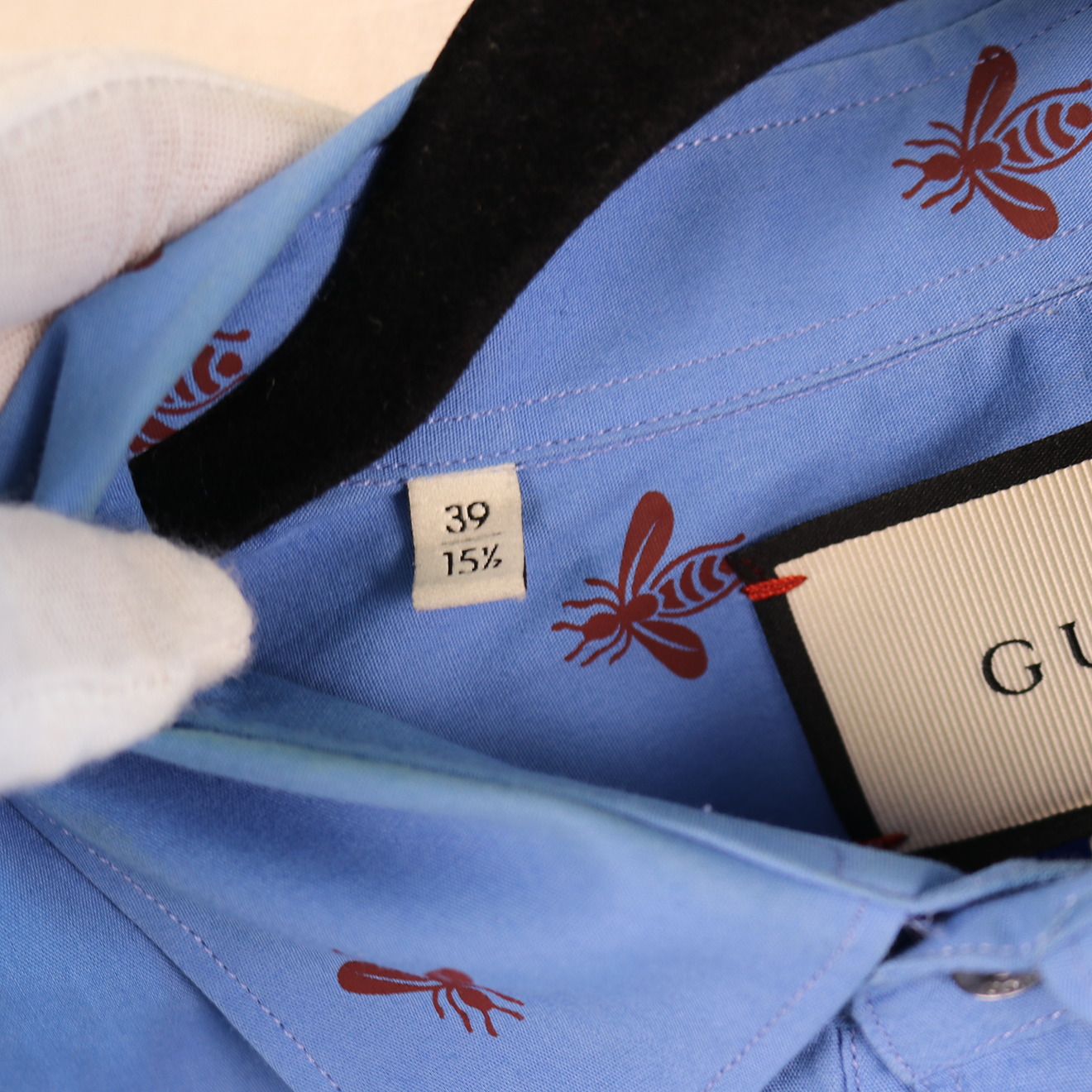 Gucci Blue Cotton Shirt with Chest Pockets and Red Bee Embroidery