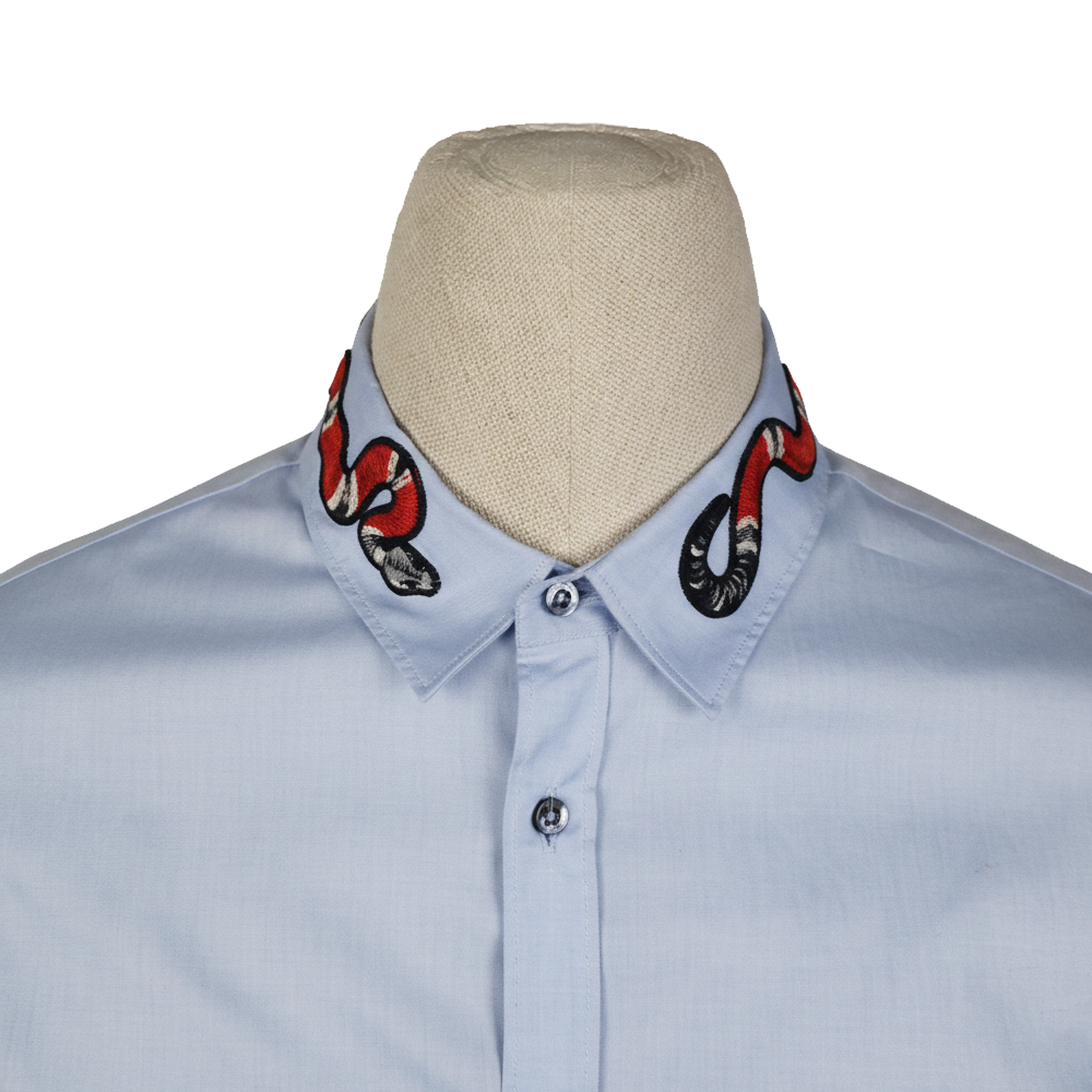 Gucci Light Blue Cotton Shirt Duke Embroidery Snake