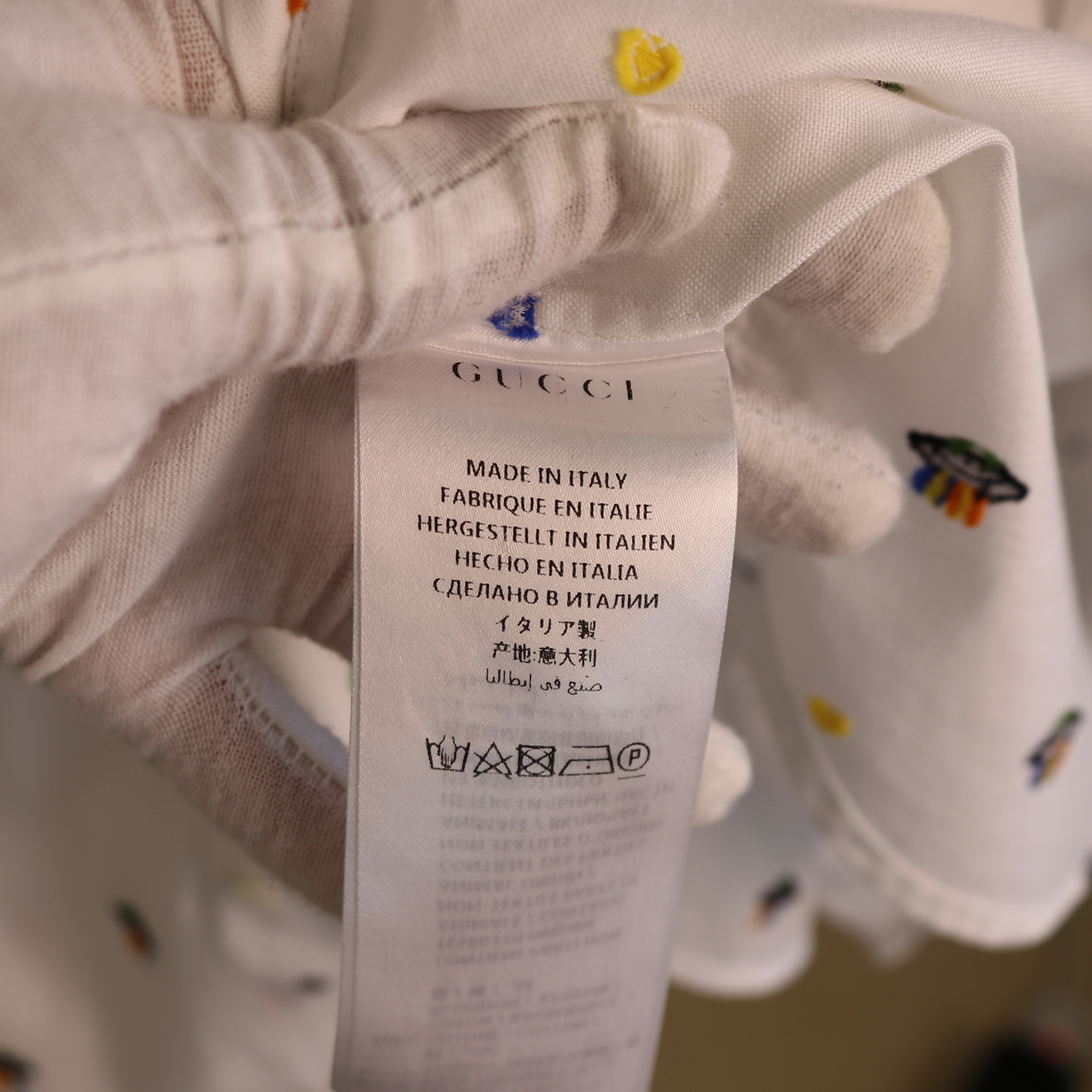 Gucci White Cotton Shirt with All-Over UFO Embroidery & Peter Pan Collar