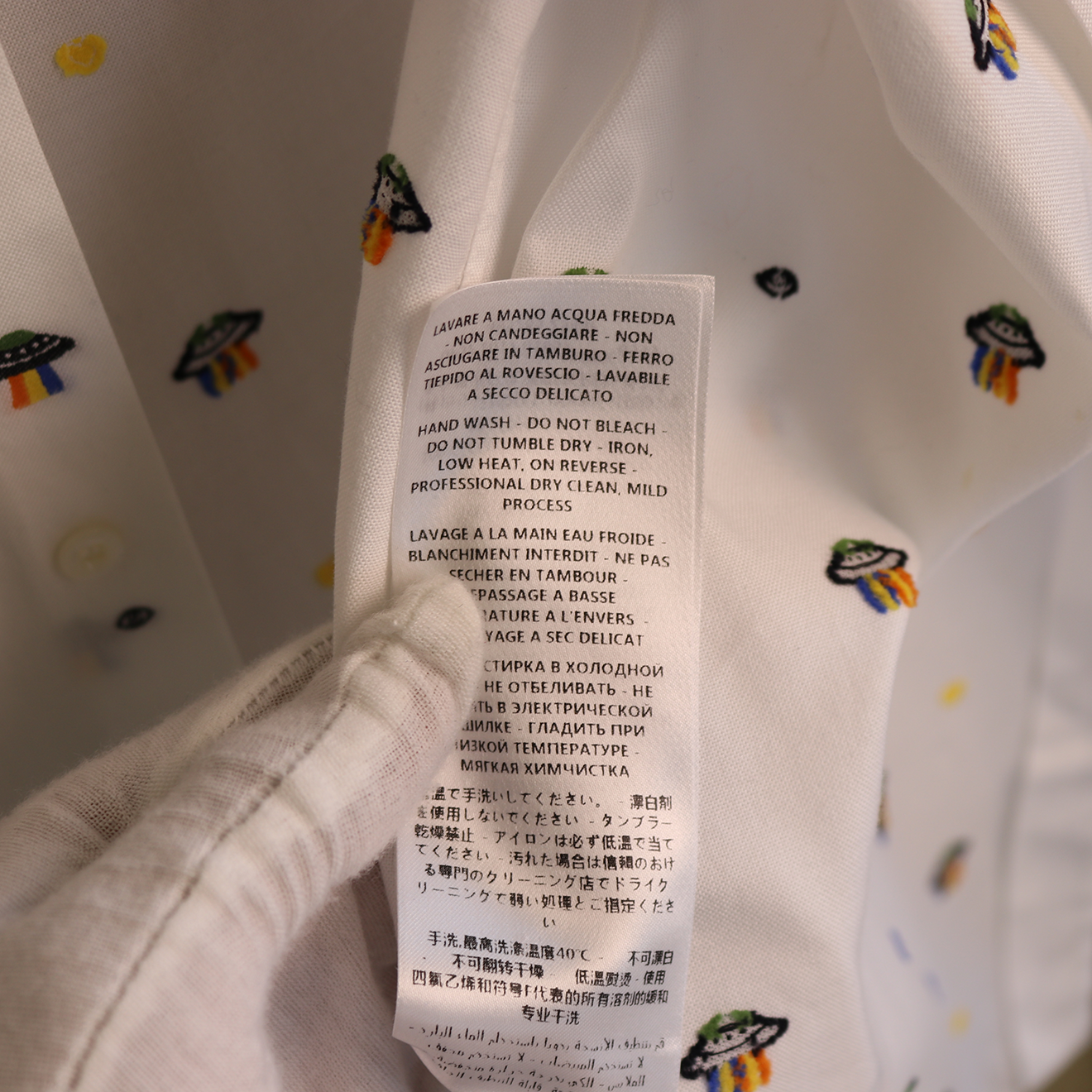 Gucci White Cotton Shirt with All-Over UFO Embroidery & Peter Pan Collar