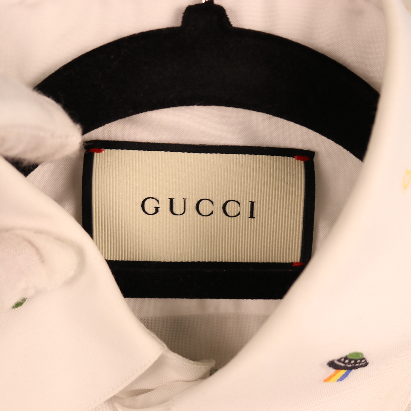 Gucci White Cotton Shirt with All-Over UFO Embroidery & Peter Pan Collar